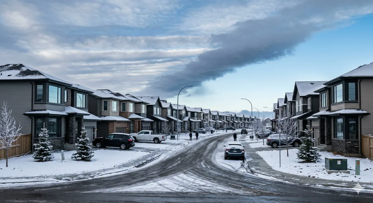 New construction homes in a Calgary subdivision during winter with snow-covered streets