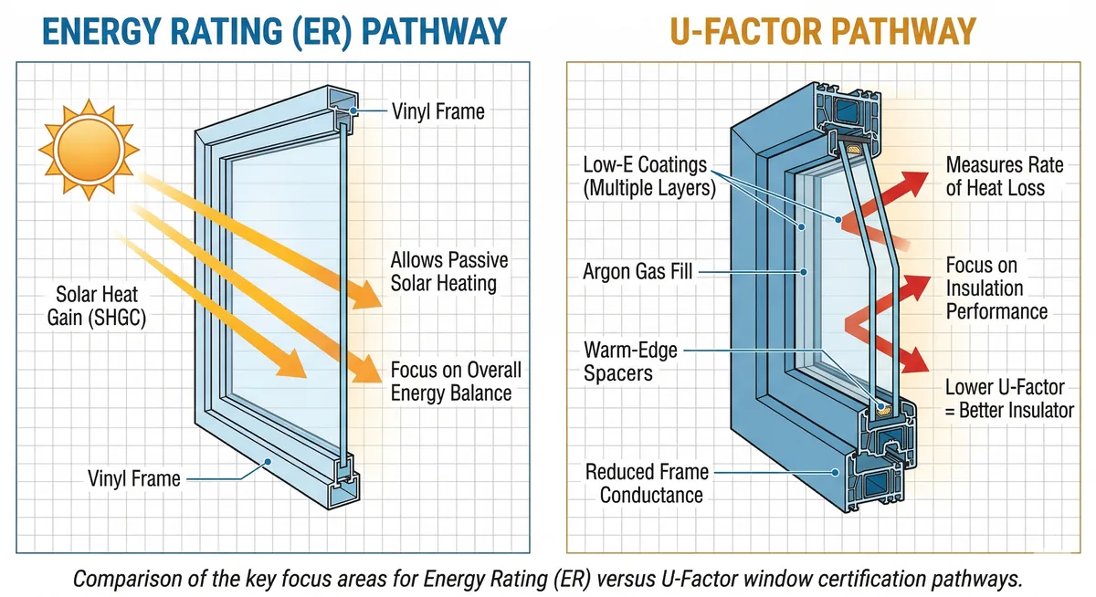 Diagram comparing Energy Rating ER pathway versus U-Factor window certification pathways showing different window cross-sections