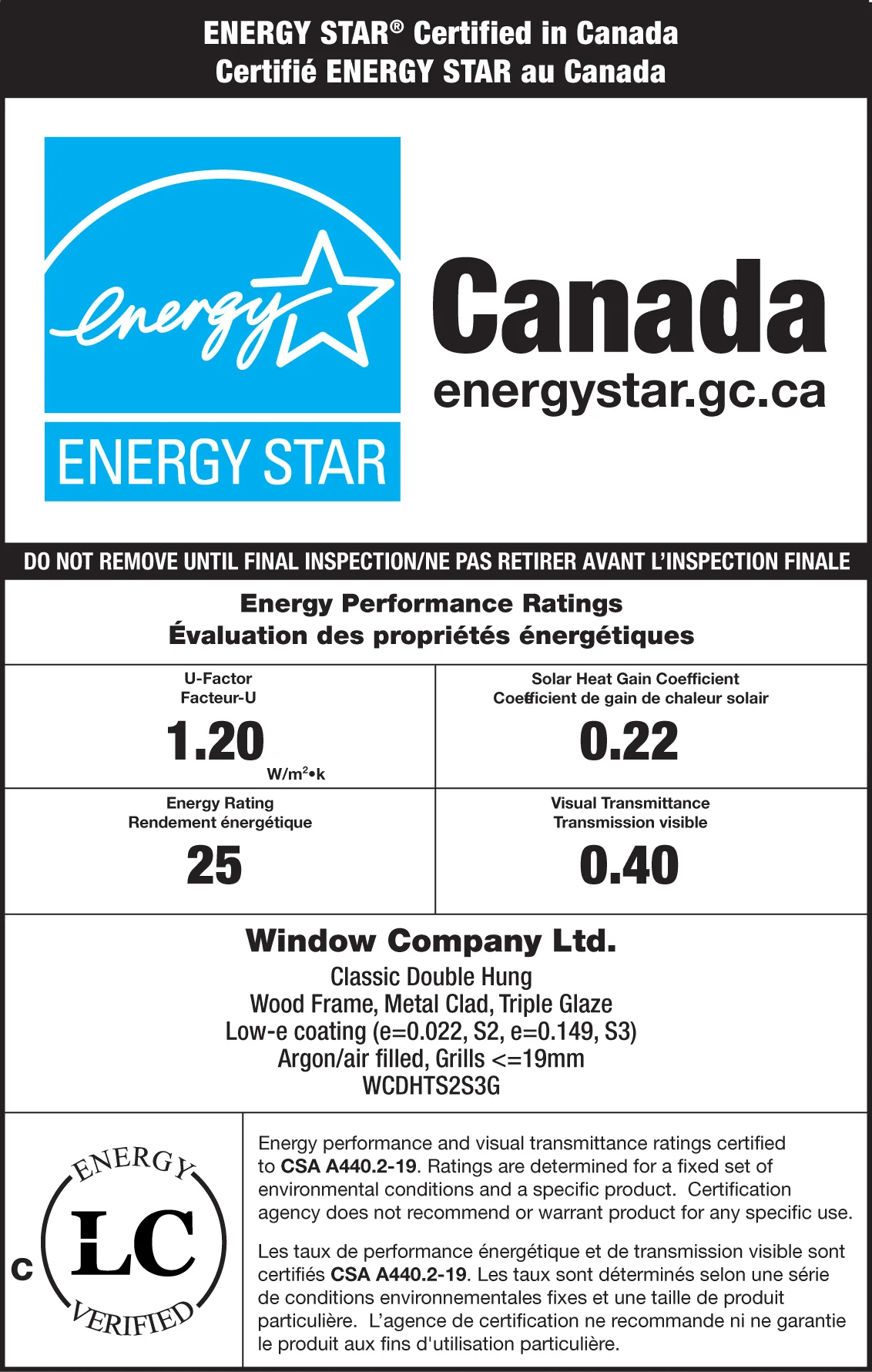 ENERGY STAR certification label on a Canadian window showing U-factor of 1.20 and Energy Rating of 25