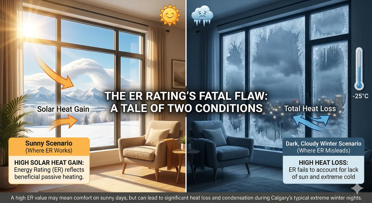 Split comparison showing Energy Rating working on a sunny day versus failing on a dark cloudy Calgary winter night with frozen windows