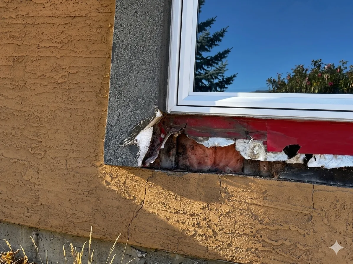 Exterior window sill with rotted framing and water damage visible beneath stucco in a Calgary home