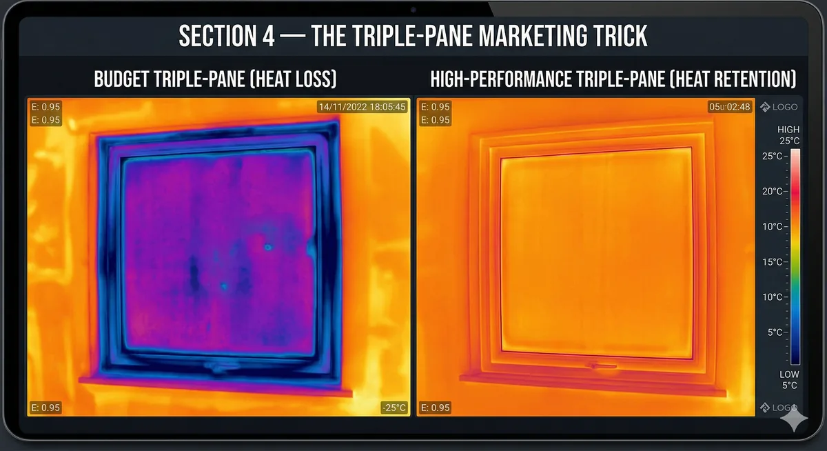 Infrared thermal camera comparison of a budget triple-pane window showing heat loss in purple versus a high-performance triple-pane retaining heat in orange