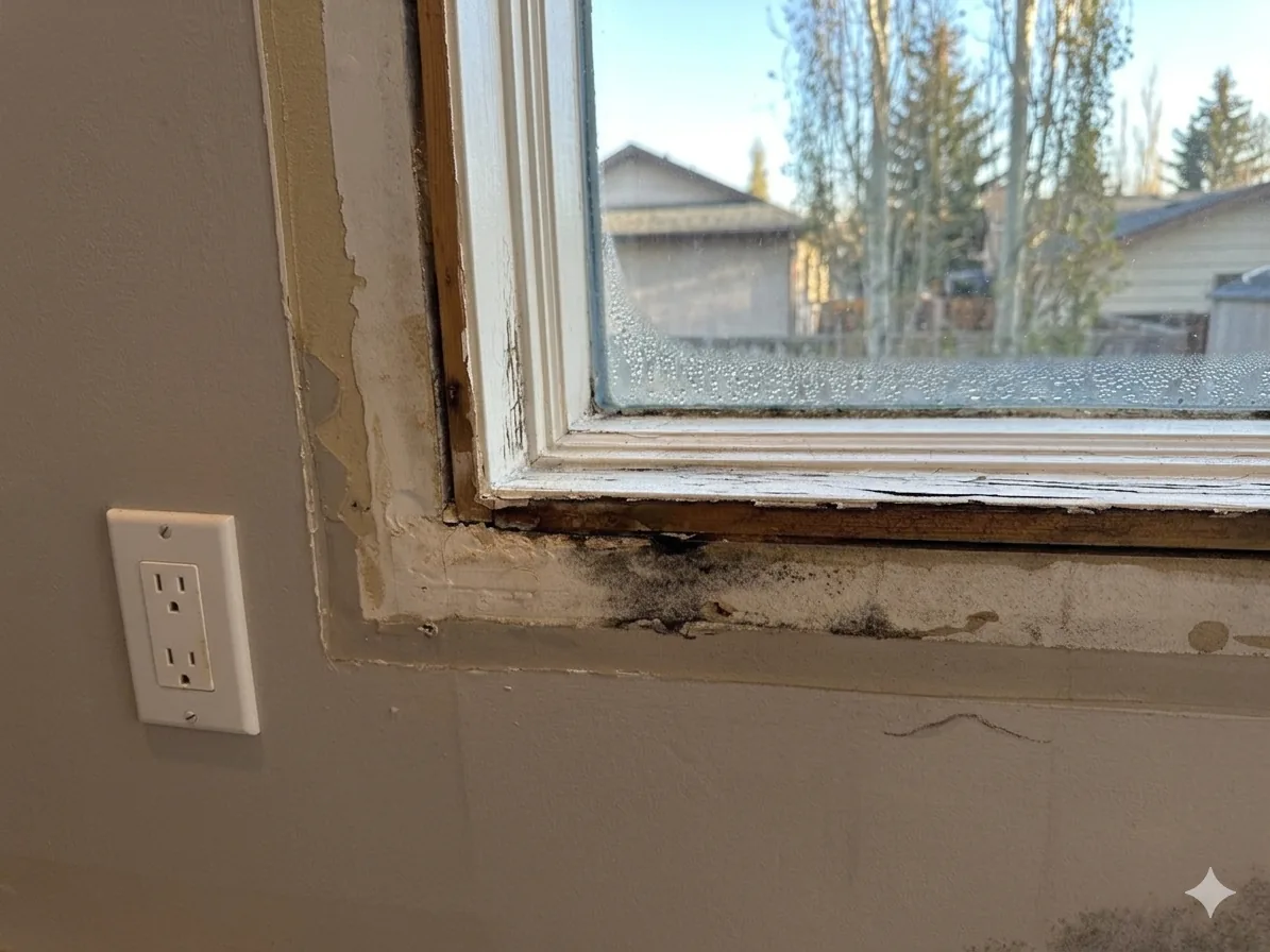 Interior view of mold and moisture damage around a poorly sealed window frame in a new Calgary home