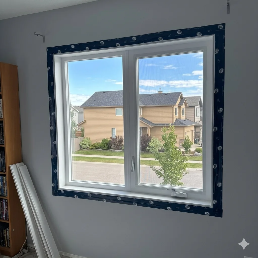 Window installation with proper air barrier tape applied around the full frame before interior trim