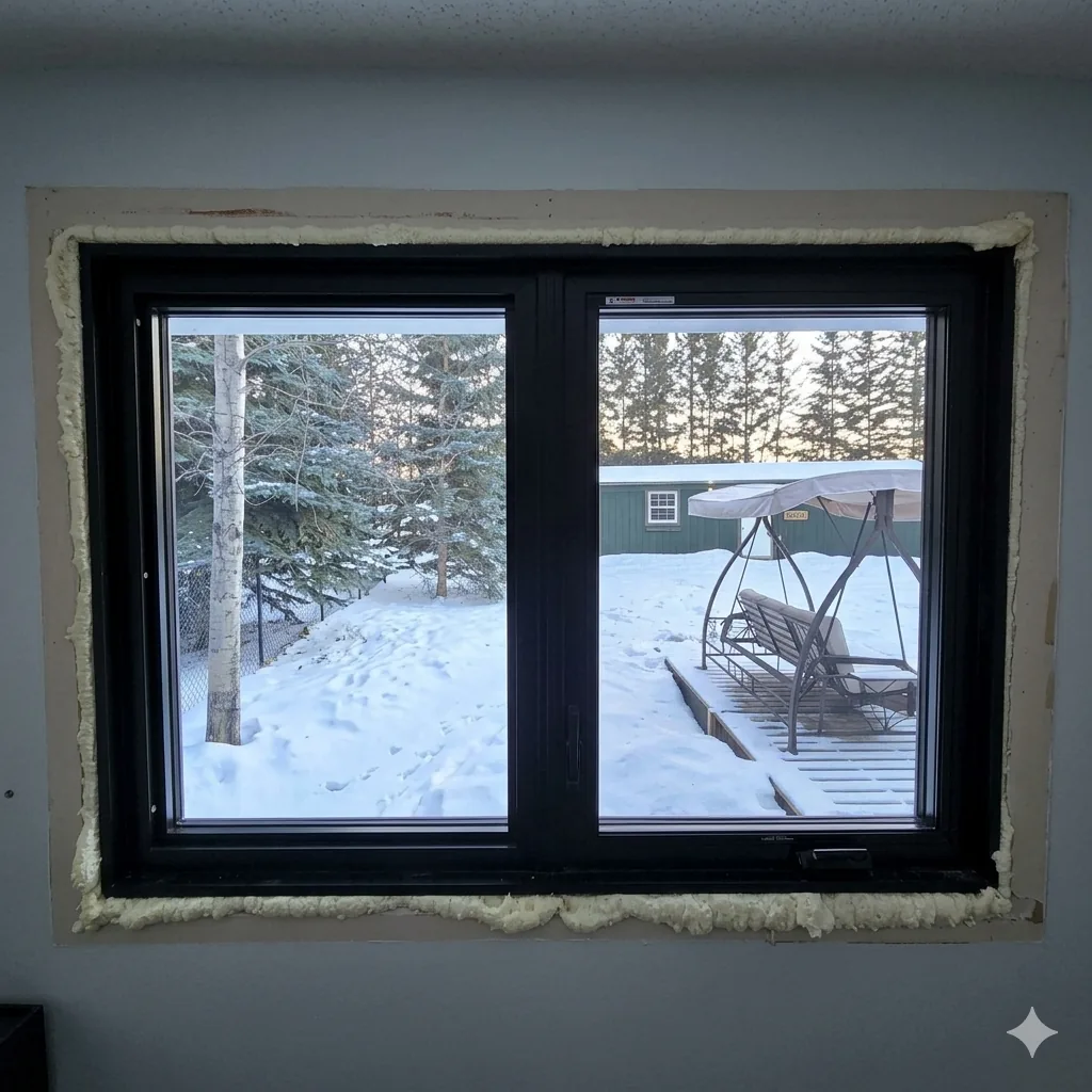 Properly installed window with continuous closed-cell spray foam seal around the entire frame