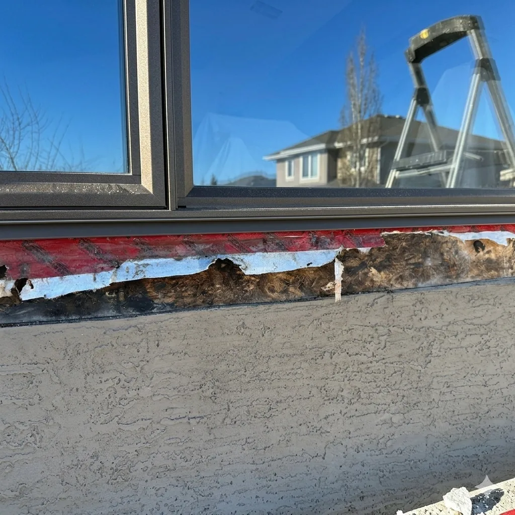 Close-up of water-damaged and rotted window sill exposed during replacement showing failed builder-grade installation